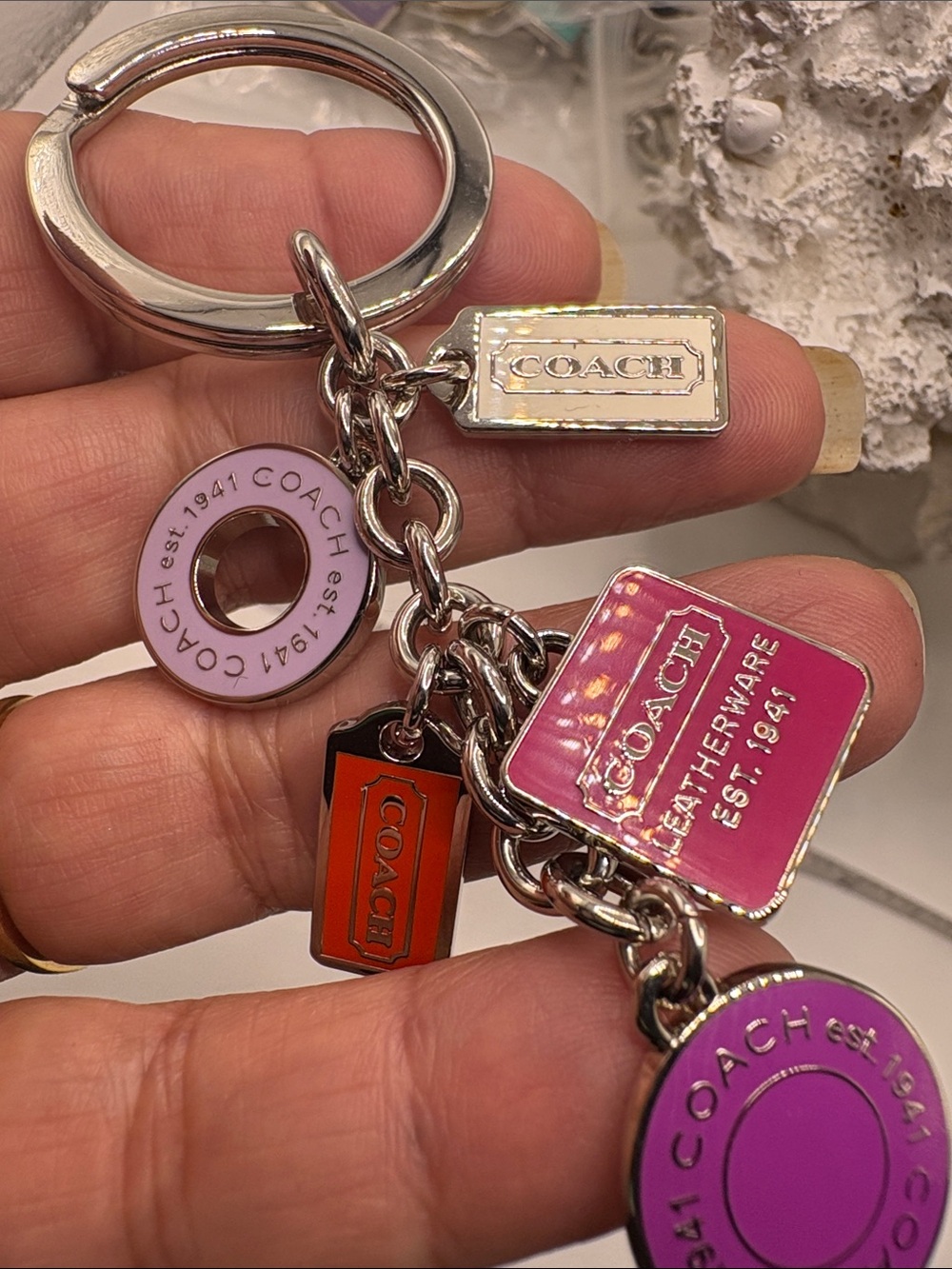 Coach Pink, Purple & Orange Enamel Logo Charm Key Holder